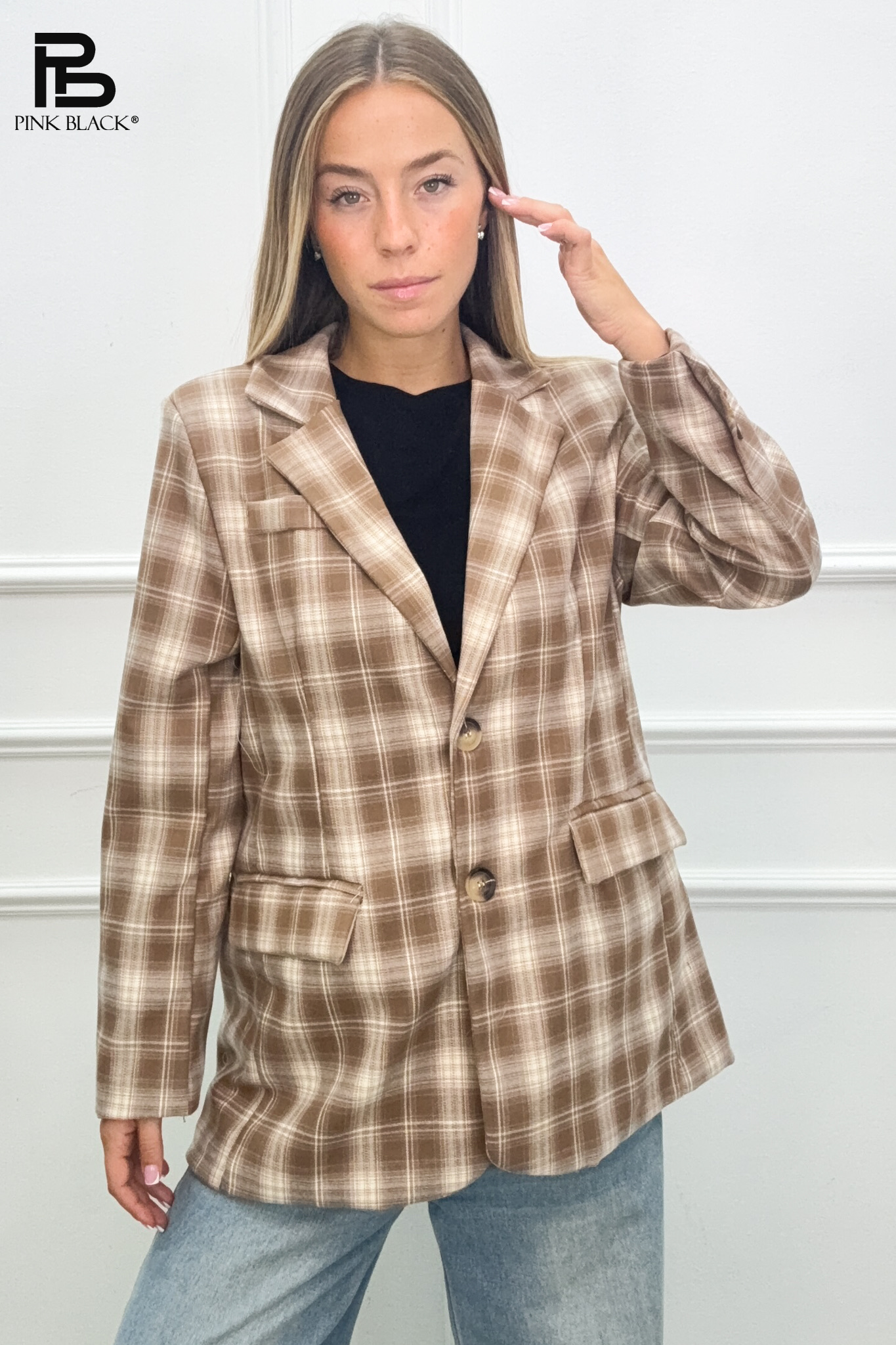 Verlängertes Blazer-Jackett mit Karo