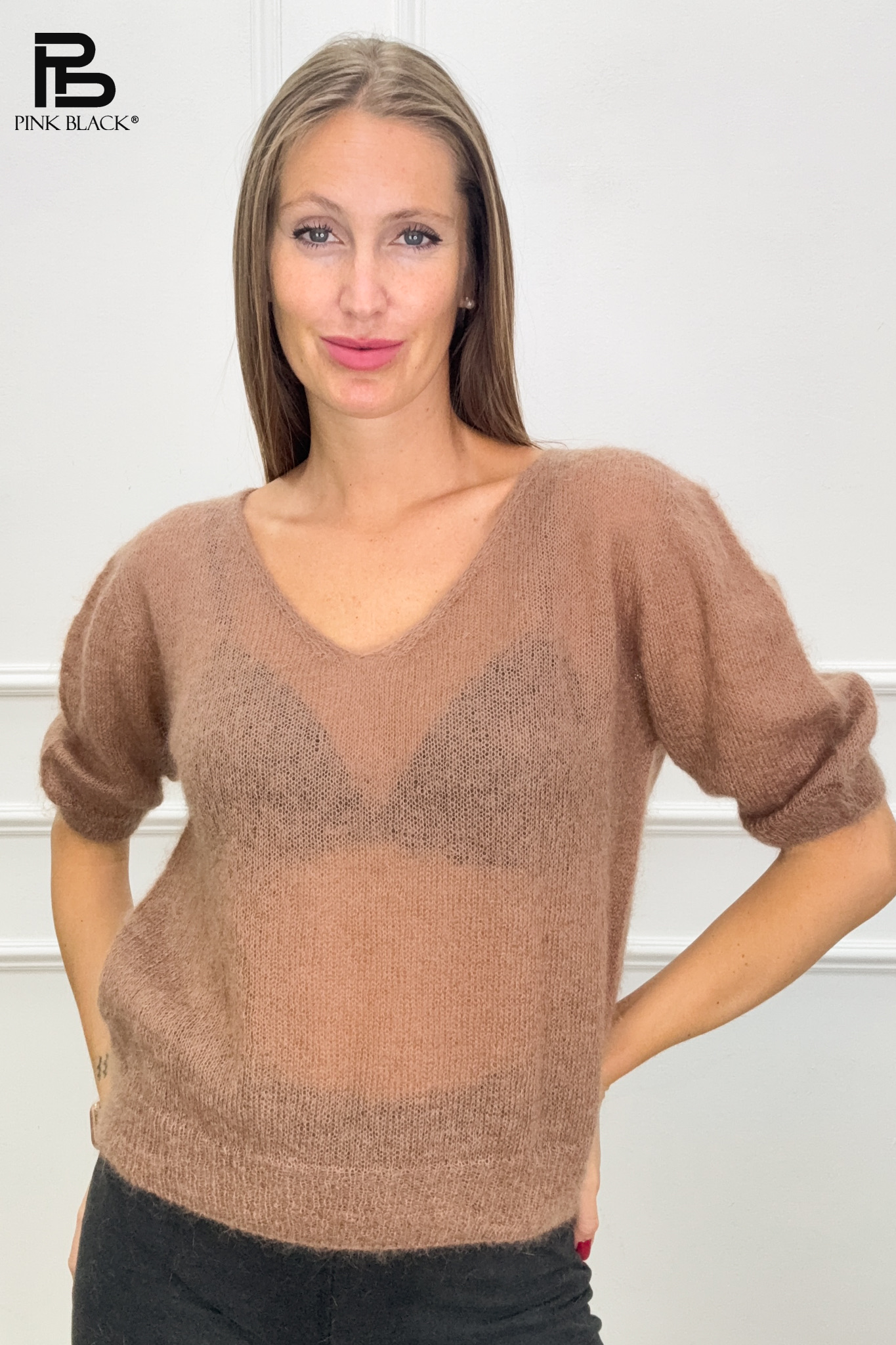 V-Ausschnitt Pullover mit Puffärmeln