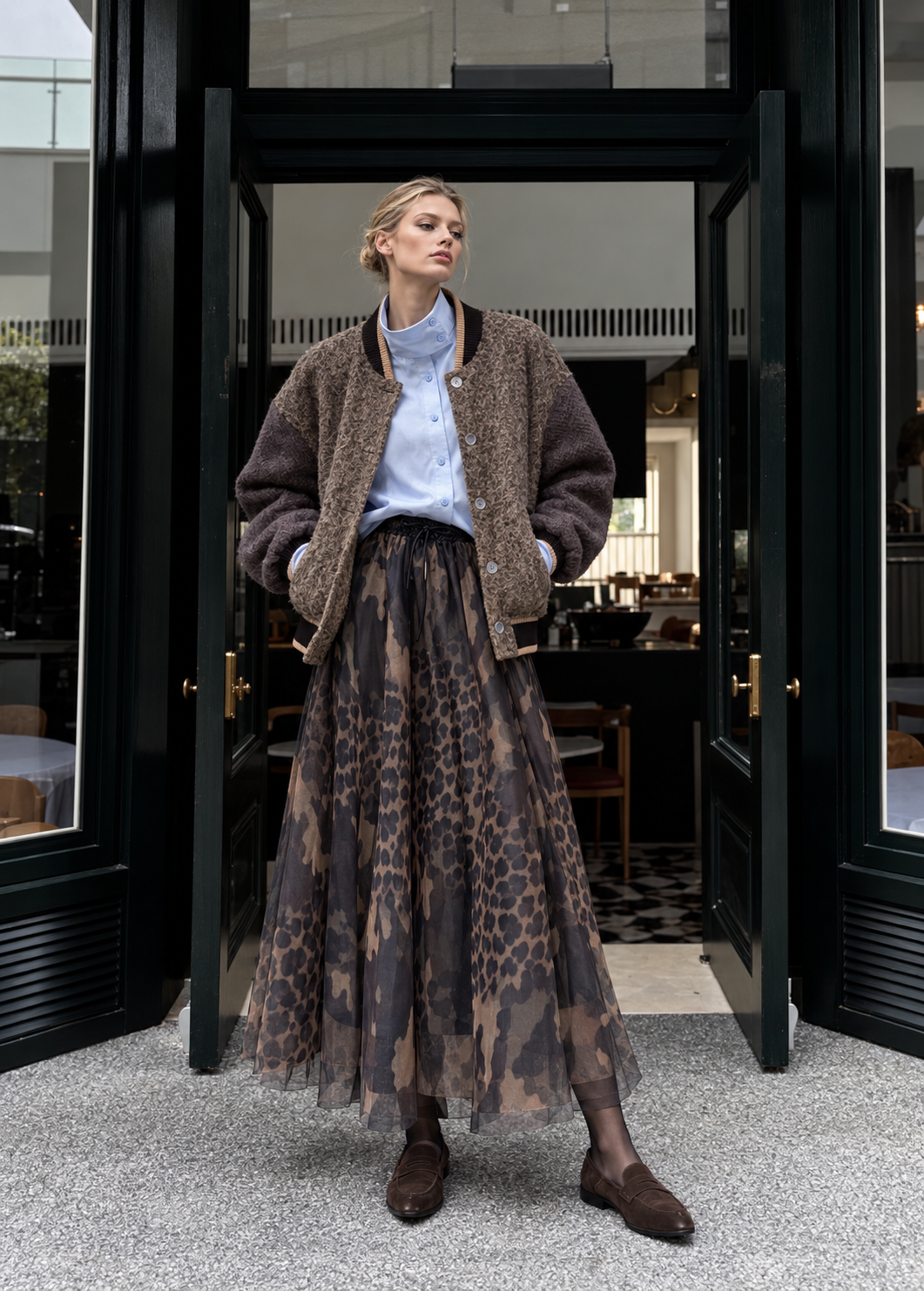 Midi ausgestellter Rock mit Animal-Print
