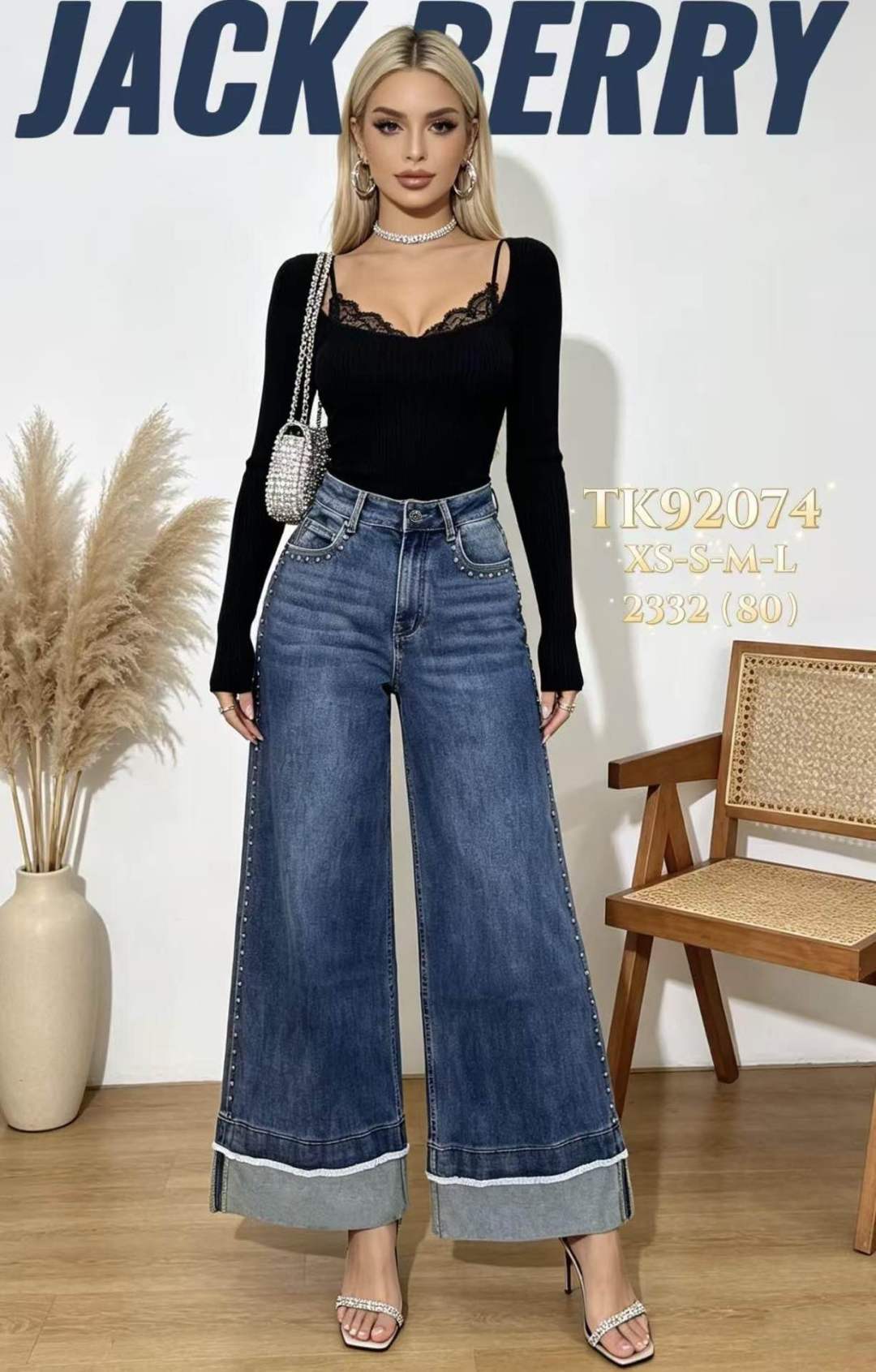 Wide-Leg-Jeans mit Nieten