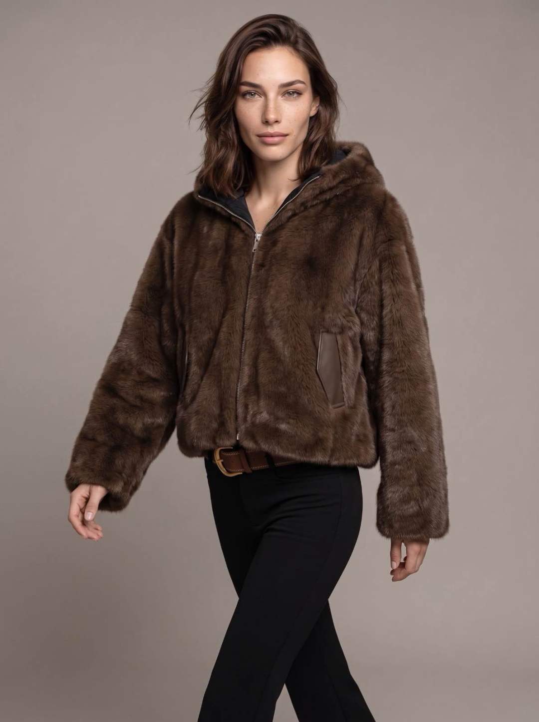 Jacke mit Kapuze aus Kunstfell