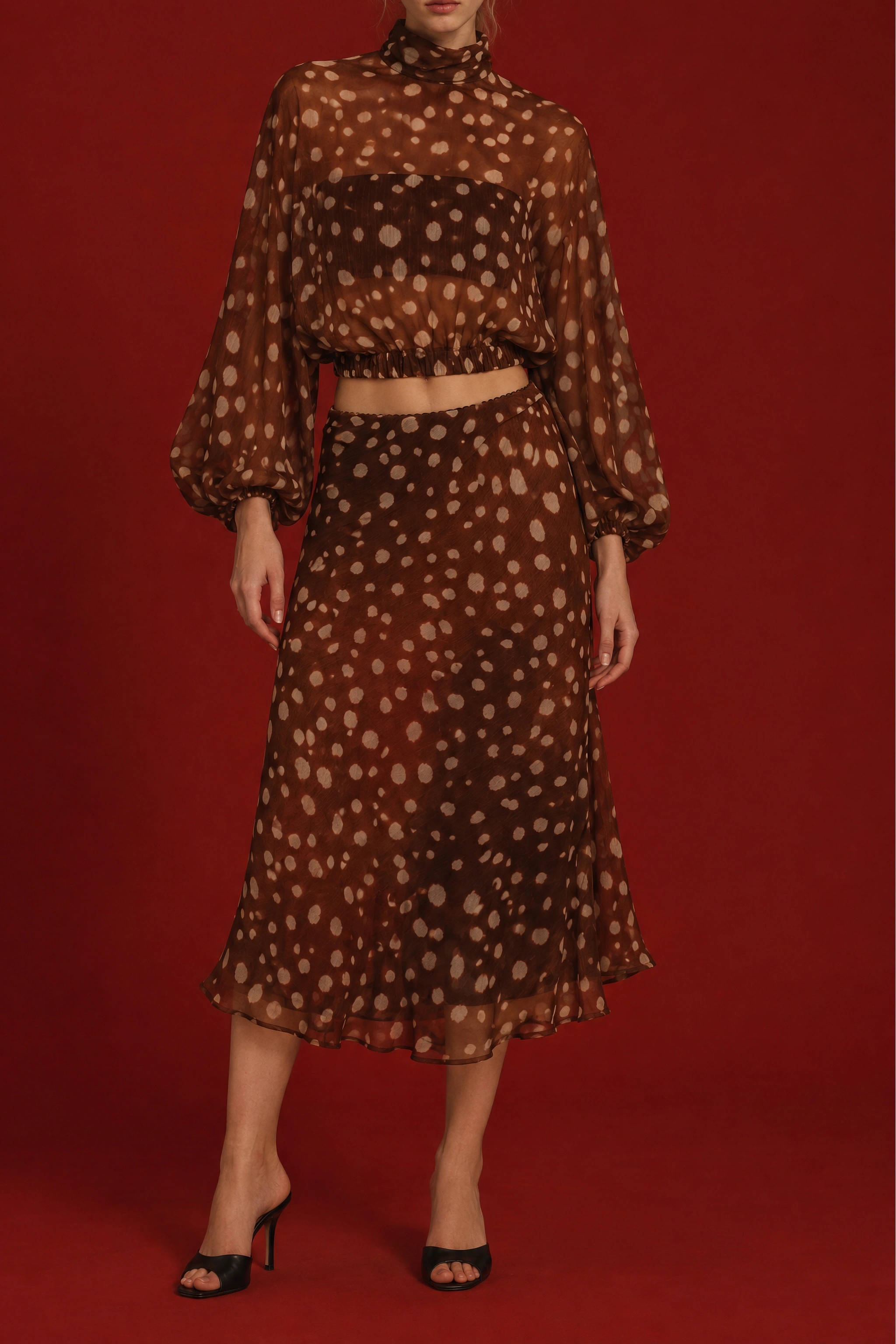 Cropped Chiffon-Bluse mit Stehkragen